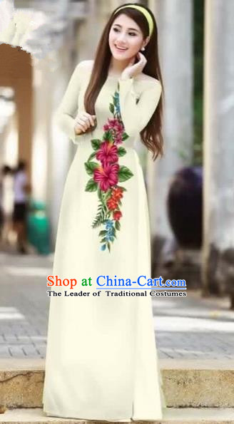 Traditional Top Grade Asian Vietnamese Costumes Classical Printing Cheongsam, Vietnam National Ao Dai Dress Beauty Contest White Full Dress for Women