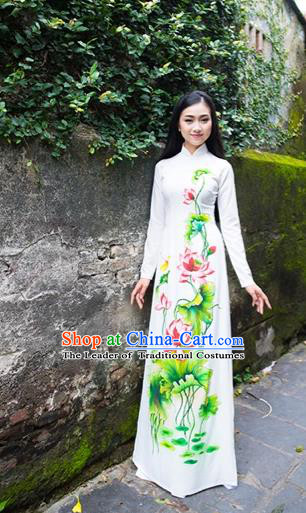 Traditional Top Grade Asian Vietnamese Costumes Classical Printing Lotus Cheongsam, Vietnam National Ao Dai Dress Princess White Full Dress for Women