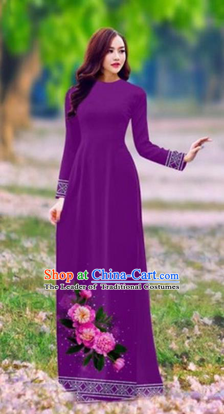 Traditional Top Grade Asian Vietnamese Costumes Classical Printing Flower Cheongsam, Vietnam National Ao Dai Dress Princess Purple Full Dress for Women