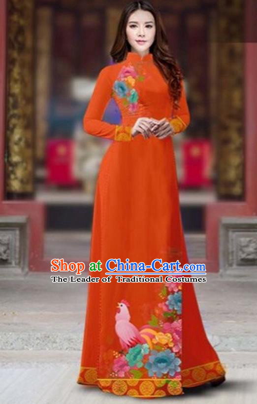 Traditional Top Grade Asian Vietnamese Costumes Classical Rooster Year Cheongsam, Vietnam National Ao Dai Dress Princess Orange Full Dress for Women