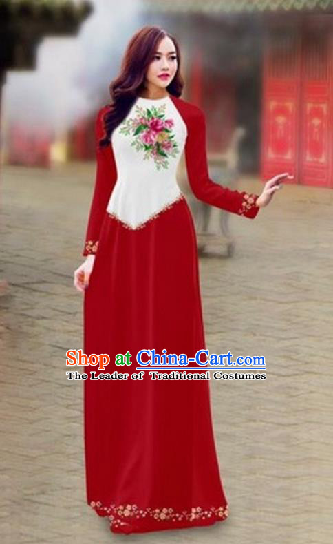 Traditional Top Grade Asian Vietnamese Costumes Classical Color Matching Cheongsam, Vietnam National Ao Dai Dress Printing Wine Red Full Dress for Women
