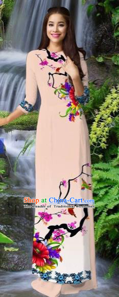 Traditional Top Grade Asian Vietnamese Costumes Classical Light Pink Cheongsam, Vietnam National Printing Ao Dai Dress for Women