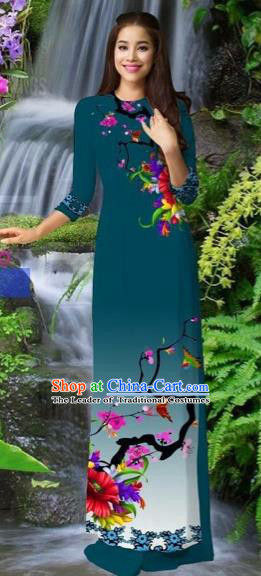 Traditional Top Grade Asian Vietnamese Costumes Classical Peacock Blue Cheongsam, Vietnam National Printing Ao Dai Dress for Women