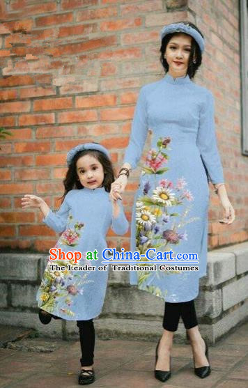 Traditional Top Grade Asian Vietnamese Costumes Classical Printing Daisy Flowers Dusty Blue Cheongsam, Vietnam National Mother-daughter Ao Dai Dress for Women for Kids