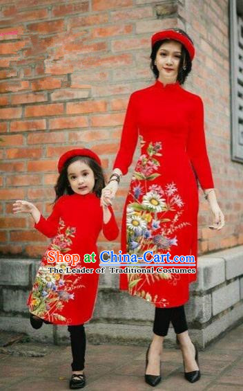 Traditional Top Grade Asian Vietnamese Costumes Classical Printing Daisy Flowers Red Cheongsam, Vietnam National Mother-daughter Ao Dai Dress for Women for Kids