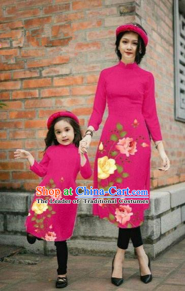 Traditional Top Grade Asian Vietnamese Costumes Classical Printing China Rose Flowers Rosy Cheongsam, Vietnam National Mother-daughter Ao Dai Dress for Women for Kids
