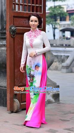 Traditional Top Grade Asian Vietnamese Costumes Classical Printing White Cheongsam, Vietnam National Bride Ao Dai Dress for Women