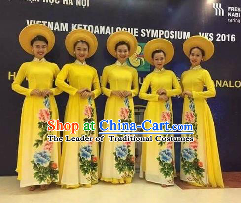 Traditional Top Grade Asian Vietnamese Costumes Classical Painting Cheongsam, Vietnam National Vietnamese Young Lady Ao Dai Dress Dance Clothing
