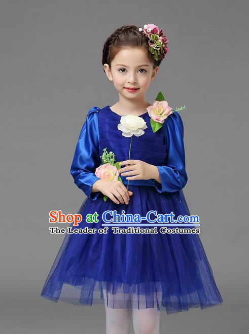 Top Grade Professional Performance Catwalks Costume, Children Chorus Compere Full Dress Modern Dance Little Princess Blue Veil Bubble Dress for Girls Kids