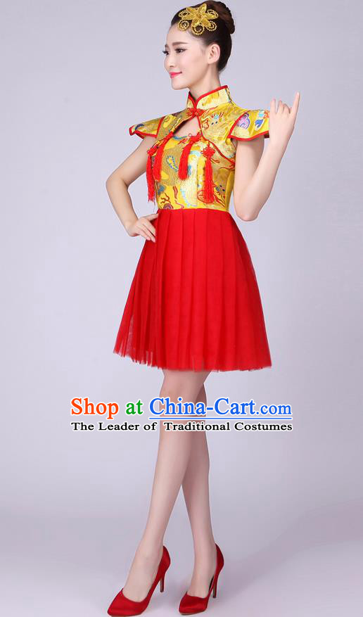 Top Grade Professional Performance Costume, China Drum Dance Chorus Fan Dance Dress Modern Dance Red Veil Bubble Dress for Women