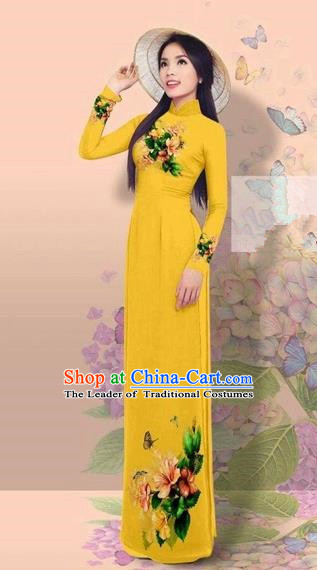 Traditional Top Grade Asian Vietnamese Costumes Classical 3D Printing Cheongsam, Vietnam National Vietnamese Young Lady Miss Etiquette Ginger Ao Dai Dress