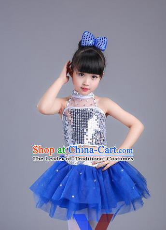 Top Grade Professional Compere Modern Dance Costume, Children Opening Dance Chorus Uniforms Jazz Dance Blue Bubble Dress for Girls
