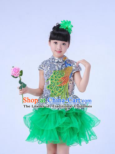 Top Grade Professional Compere Modern Dance Costume, Children Opening Dance Chorus Uniforms Peacock Green Paillette Bubble Dress for Girls