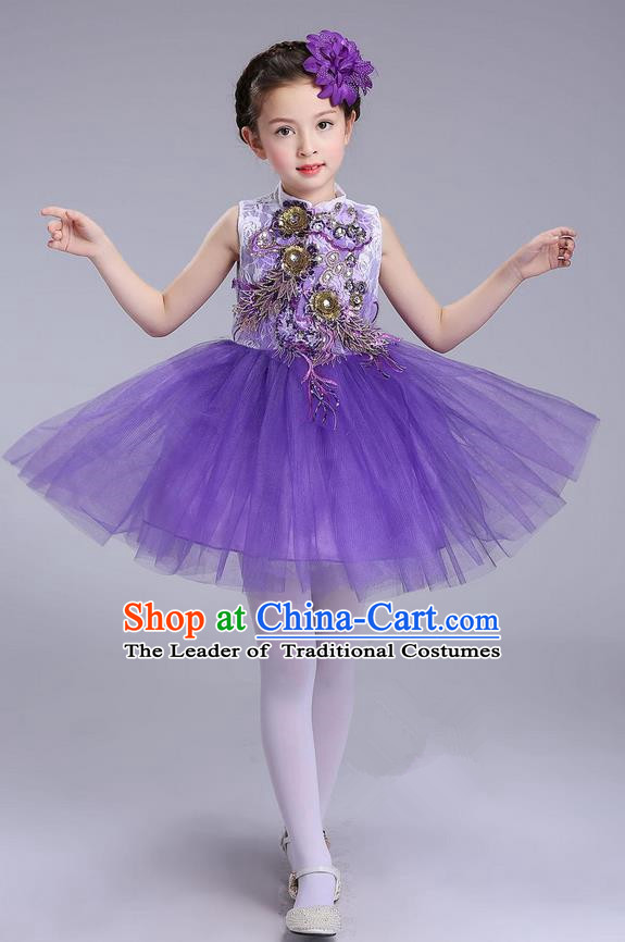 Top Grade Professional Compere Modern Dance Costume, Children Opening Dance Chorus Uniforms Purple Bubble Dress for Girls