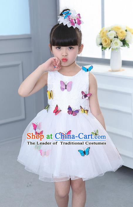 Top Grade Professional Compere Modern Dance Costume, Children Opening Dance Chorus Butterfly Uniforms White Bubble Dress for Girls