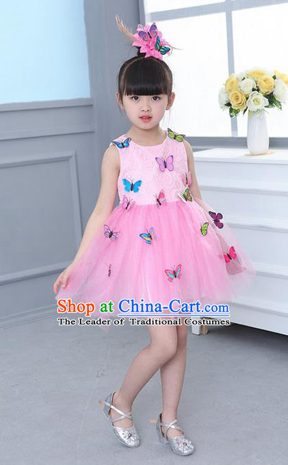 Top Grade Professional Compere Modern Dance Costume, Children Opening Dance Chorus Butterfly Uniforms Pink Bubble Dress for Girls