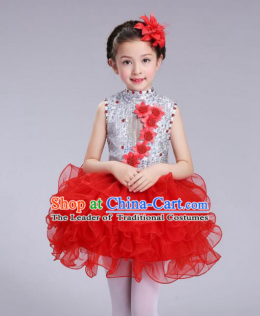 Top Grade Professional Compere Modern Dance Costume, Children Opening Dance Chorus Flowers Uniforms Princess Red Bubble Dress for Girls