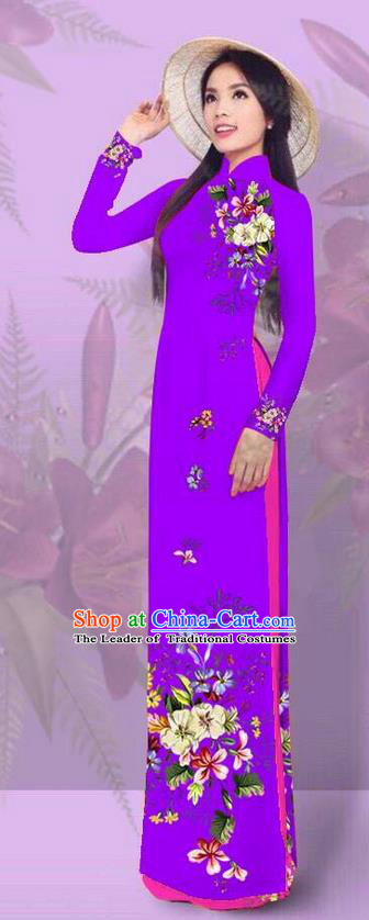 Top Grade Asian Vietnamese Costumes Classical Jing Nationality Printing Purple Cheongsam, Vietnam National Vietnamese Traditional Princess Ao Dai Dress for Women