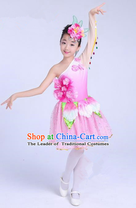 Top Grade Professional Compere Modern Dance Costume, Children Lotus Dance Folk Classical Dance Uniforms Pink Bubble Dress for Girls