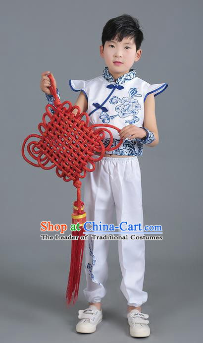 Top Grade Professional Performance Catwalks Costume, Children China Style Chorus Modern Dance Blue Clothing for Boys Kids
