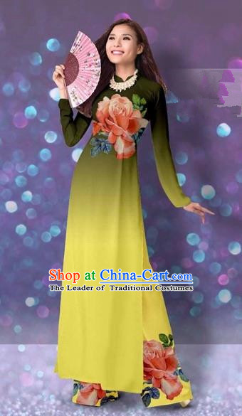 Traditional Top Grade Asian Vietnamese Costumes Classical Printing Cheongsam, Vietnam National Vietnamese Princess Yellow Ao Dai Dress Dance Clothing