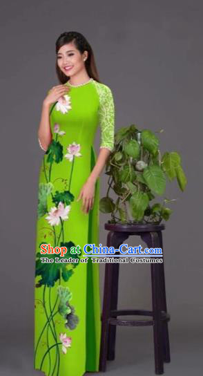Traditional Top Grade Asian Vietnamese Costumes Classical Printing Lotus Green Cheongsam, Vietnam National Vietnamese Princess Bride Korean Silk Ao Dai Dress
