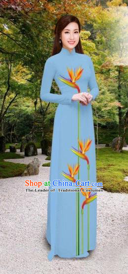 Traditional Top Grade Asian Vietnamese Costumes Classical Printing Long Cheongsam, Vietnam National Vietnamese Princess Bride Blue Ao Dai Dress