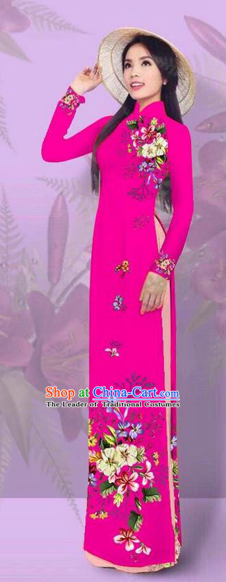 Top Grade Asian Vietnamese Costumes Classical Jing Nationality Printing Rosy Cheongsam, Vietnam National Vietnamese Traditional Princess Ao Dai Dress for Women