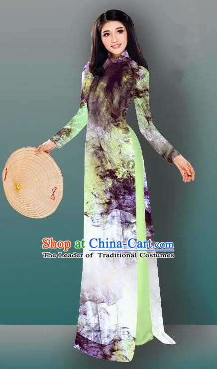 Top Grade Asian Vietnamese Costumes Classical Jing Nationality Gradient Watercolor Printing Cheongsam, Vietnam National Vietnamese Traditional Princess Ao Dai Dress