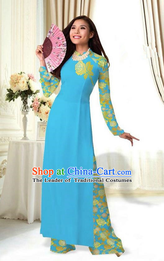 Top Grade Asian Vietnamese Costumes Classical Jing Nationality Printing Flower Blue Cheongsam, Vietnam National Vietnamese Traditional Princess Ao Dai Dress