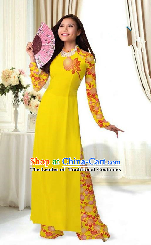 Top Grade Asian Vietnamese Costumes Classical Jing Nationality Printing Flower Yellow Cheongsam, Vietnam National Vietnamese Traditional Princess Ao Dai Dress