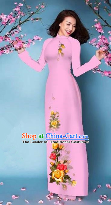 Top Grade Asian Vietnamese Costumes Classical Jing Nationality Printing Handmade Pink Cheongsam, Vietnam National Vietnamese Bride Traditional Princess Ao Dai Dress