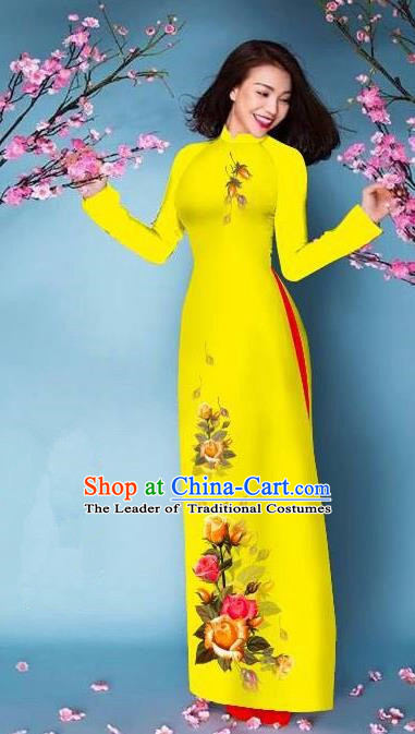 Top Grade Asian Vietnamese Costumes Classical Jing Nationality Printing Handmade Yellow Cheongsam, Vietnam National Vietnamese Bride Traditional Princess Ao Dai Dress