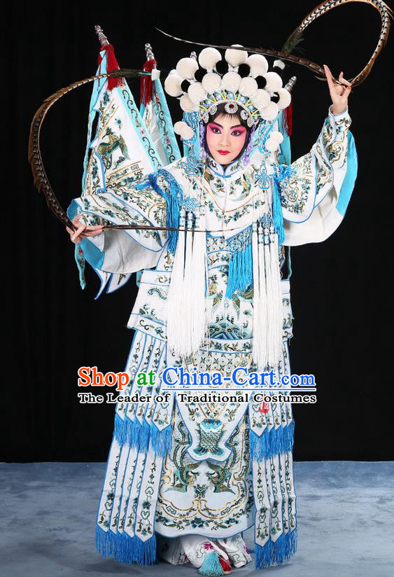 Traditional Chinese Beijing Opera Magic Warriors White Mu Guiying Clothing and Shoes Complete Set, China Peking Opera Blues Costume Embroidered Robe Opera Costumes