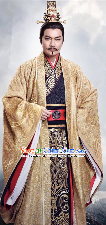 Traditional Chinese Ancient Warring States Time Imperial Majesty Costume, Song of Phoenix Palace Emperor King Hanfu Clothing and Handmade Headpiece Complete Set for Men
