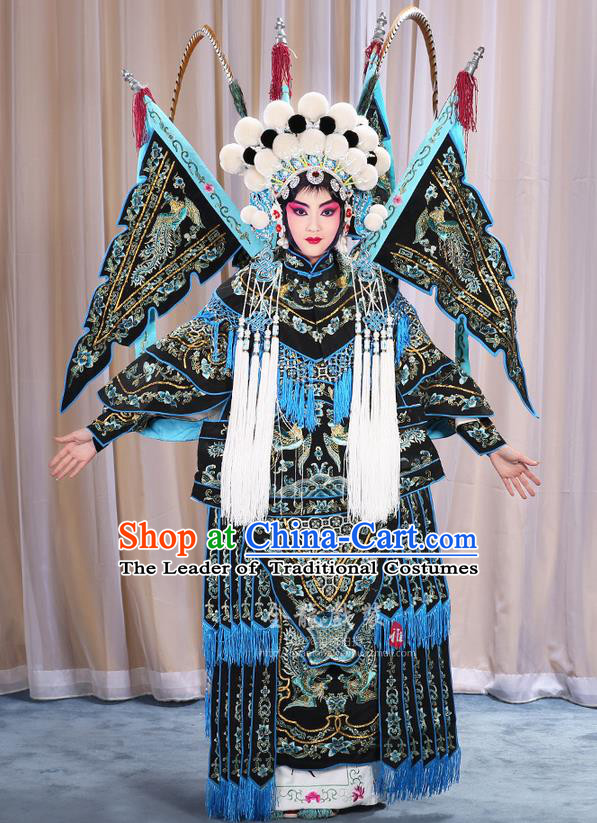 Traditional Chinese Beijing Opera Magic Warriors Black Mu Guiying Clothing and Shoes Complete Set, China Peking Opera Blues Costume Embroidered Robe Opera Costumes