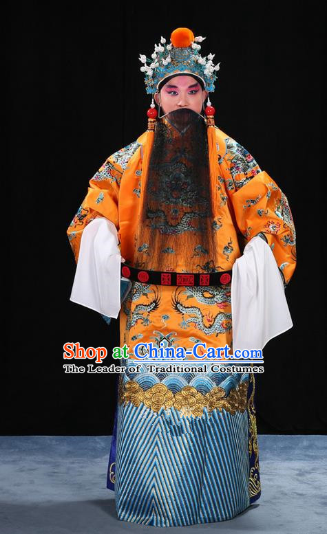 Traditional Chinese Beijing Opera Male Yellow Clothing and Belts Complete Set, China Peking Opera His Royal Highness Costume Embroidered Robe Dragon robe Opera Costumes