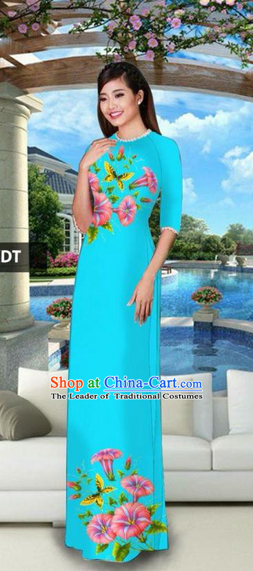 Traditional Top Grade Asian Vietnamese Jing Nationality Classical Ao Dai Dress, Vietnam National Bride Printing Blue Cheongsam Costumes for Women