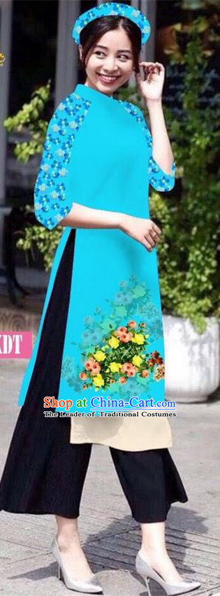 Traditional Top Grade Asian Vietnamese Jing Nationality Classical Ao Dai Dress, Vietnam National Bride Printing Peacock Blue Short Cheongsam Costumes for Women