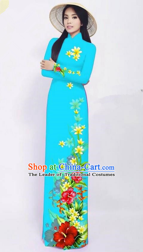 Traditional Top Grade Asian Vietnamese Jing Nationality Ha Festival Long Ao Dai Dress, Vietnam National Bride Printing Blue Cheongsam Costumes for Women
