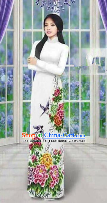 Traditional Top Grade Asian Vietnamese Ha Festival Long Ao Dai Dress, Vietnam National Jing Nationality Printing Peony Cheongsam Costumes for Women