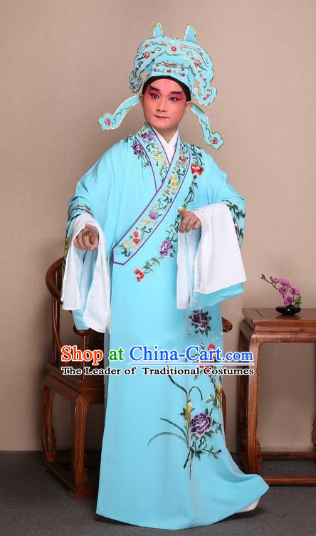 Traditional Chinese Beijing Opera Niche Light Blue Dress Clothing and Boots Fan Complete Set, China Peking Opera Gifted Youth Man Costume Embroidered Robe Opera Costumes
