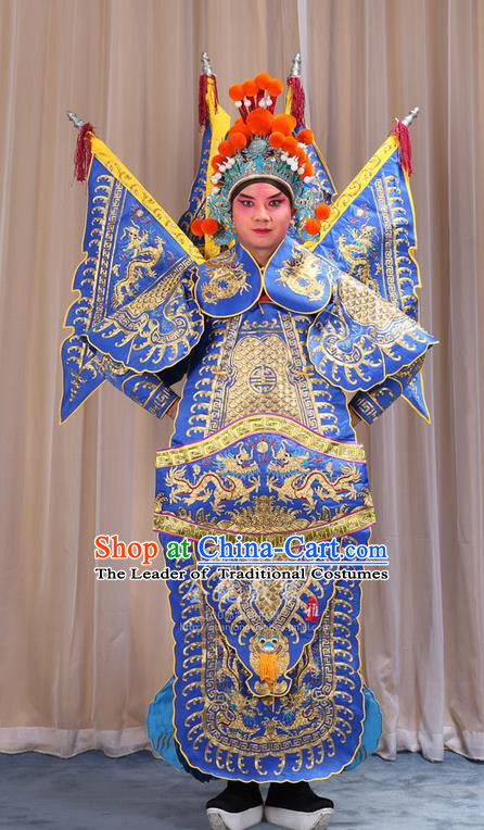 Traditional Chinese Beijing Opera Military Officer Armour Blue Clothing and Boots Complete Set, China Peking Opera Martial General Role Costume Embroidered Opera Costumes