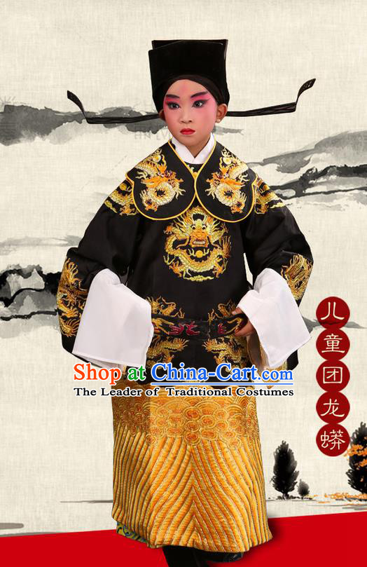 Traditional Chinese Beijing Opera Male Black Clothing and Boots Complete Set, China Peking Opera His Royal Highness Costume Embroidered Robe Dragon robe Opera Costumes for Kids