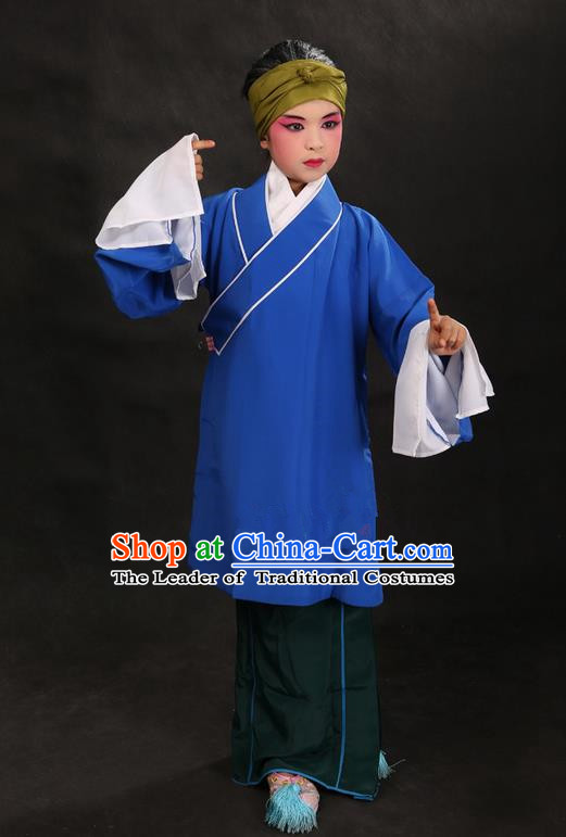 Traditional Chinese Beijing Opera Old Female Blue Clothing and Shoes Complete Set, China Peking Opera Children Pantaloon Costume Embroidered Clothing Opera Costumes for Kids