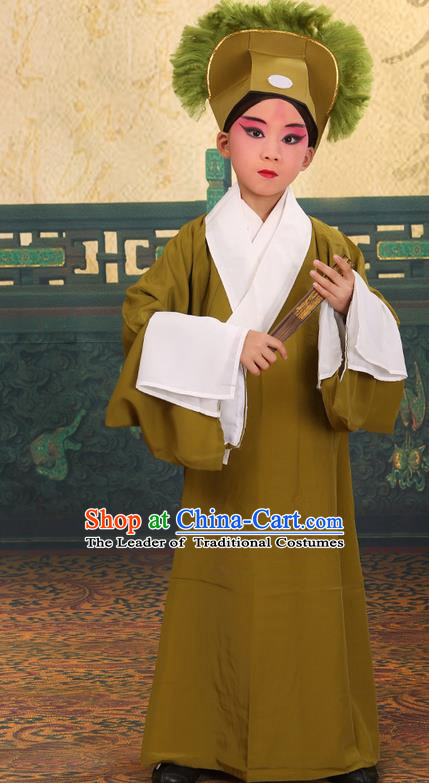 Traditional Chinese Beijing Opera Children Scholar Shadow Green Clothing and Headwear Shoes Complete Set, China Peking Opera Young Man Costume Xu Xian Robe Opera Costumes for Kids