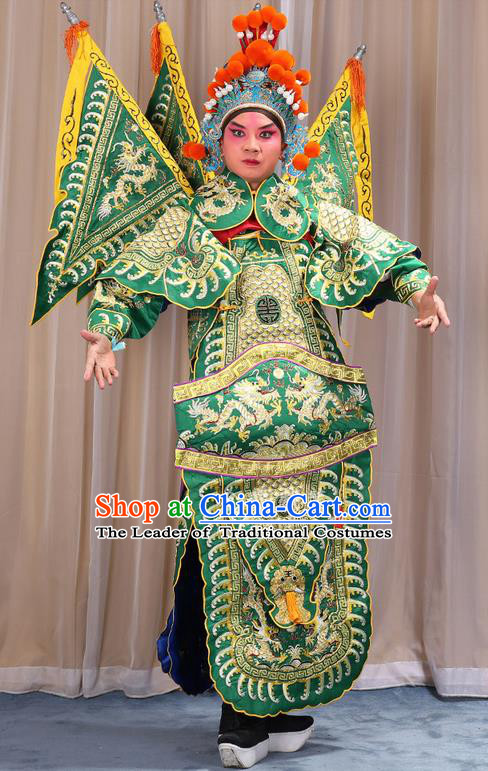 Traditional Chinese Beijing Opera Takefu Green Armour Green Clothing and Boots Complete Set, China Peking Opera Martial General Role Costume Embroidered Opera Costumes