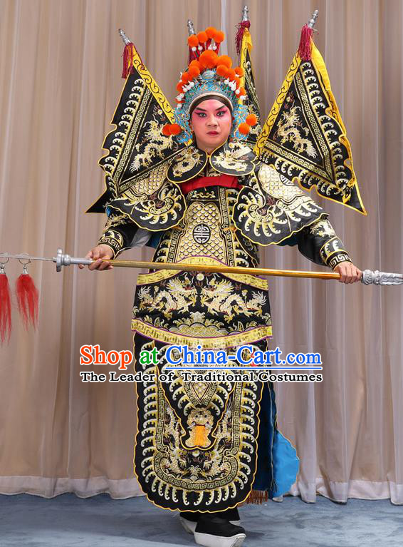 Traditional Chinese Beijing Opera Takefu Green Armour Black Clothing and Boots Complete Set, China Peking Opera Martial General Role Costume Embroidered Opera Costumes