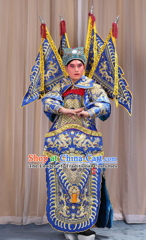 Traditional Chinese Beijing Opera Takefu Green Armour Blue Clothing and Boots Complete Set, China Peking Opera Martial General Role Costume Embroidered Opera Costumes