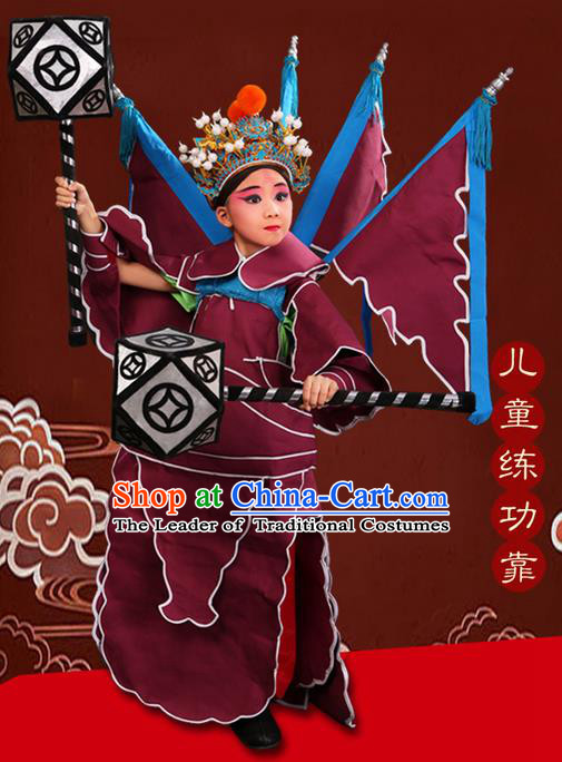 Traditional Chinese Beijing Opera Takefu Clothing Complete Set, China Peking Opera Martial General Role Costume Embroidered Opera Costumes for Kids